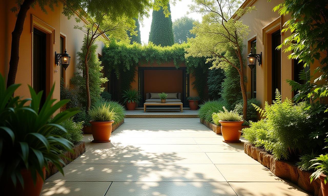 Un lussureggiante giardino moderno con architettura pulita e illuminazione ambientale