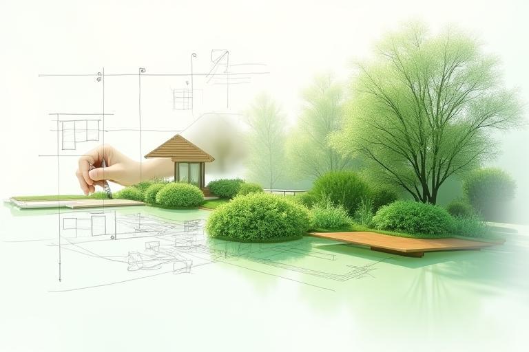 Rendering di un giardino moderno che mostra le diverse fasi di progettazione e realizzazione