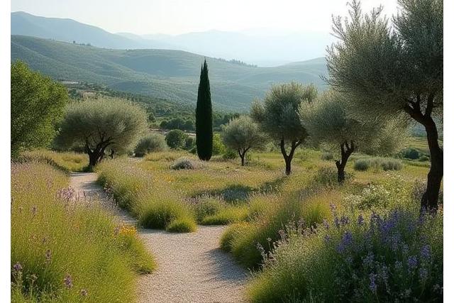 Giardino campestre in Toscana con fiori selvatici, sentieri in ghiaia e vista sulle colline.