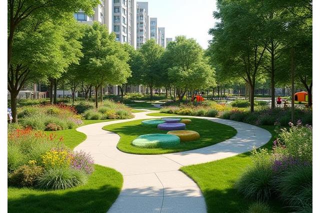 Parco urbano rigenerato con sentieri pedonali, aree gioco e vegetazione lussureggiante.
