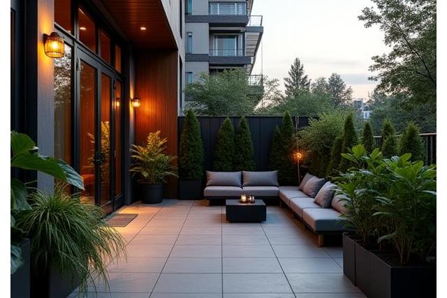 Terrazza di un loft moderno con piante in vaso, arredi minimalisti e illuminazione soffusa.