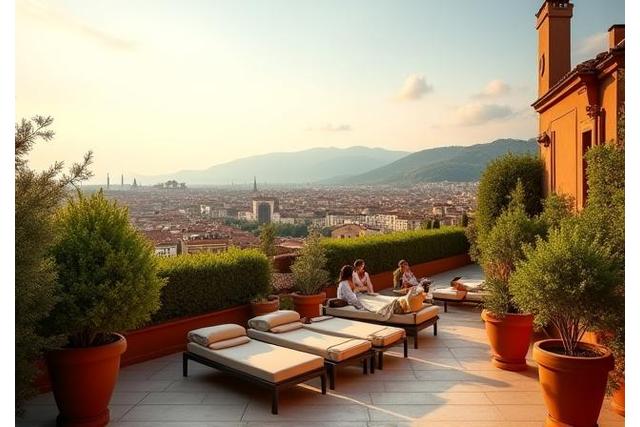 Terrazza panoramica a Firenze con vista sulla città e piante mediterranee.