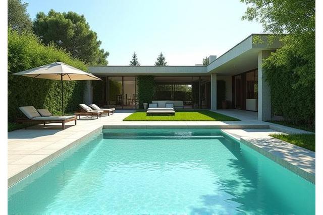 Giardino di villa moderna con piscina e aree verdi curate.