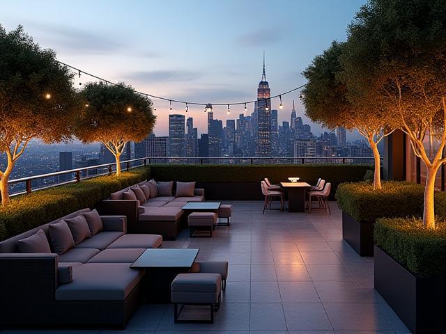 Terrazza panoramica su un tetto di un edificio moderno con piante e mobili di design