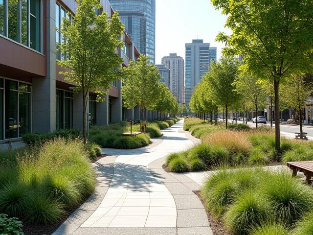 Parco urbano moderno con sentieri e aree relax, design sostenibile