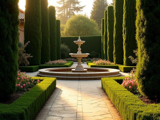 Magnifico giardino di una villa storica con fontana e fiori colorati