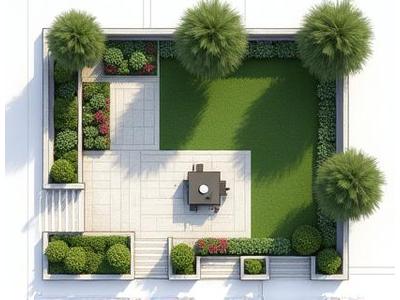 Disegno di un giardino moderno con aree verdi e piscina