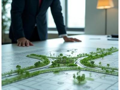 Progetto di architettura del paesaggio con modelli 3D di aree verdi e edifici