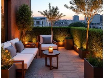 Terrazzo moderno arredato con piante in vaso e mobili da esterno