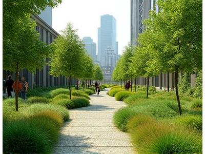 Spazio verde urbano con panchine e alberi in una città moderna
