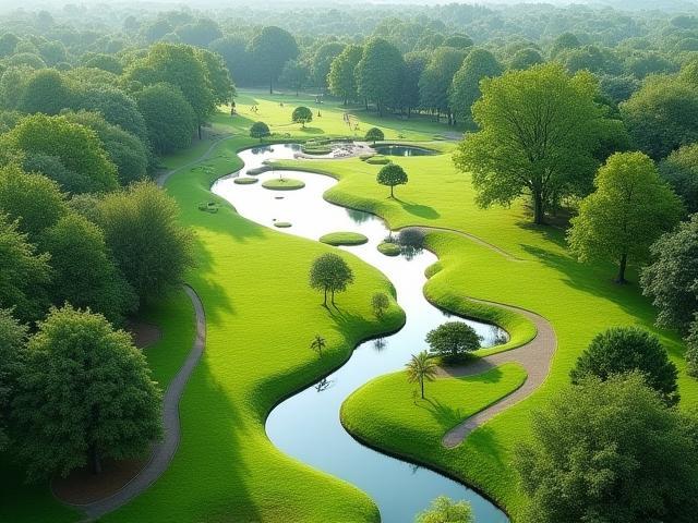 Vista aerea di un grande parco pubblico con aree giochi, alberi maturi e laghetto, simboleggiando la vasta scala dell'architettura del paesaggio.