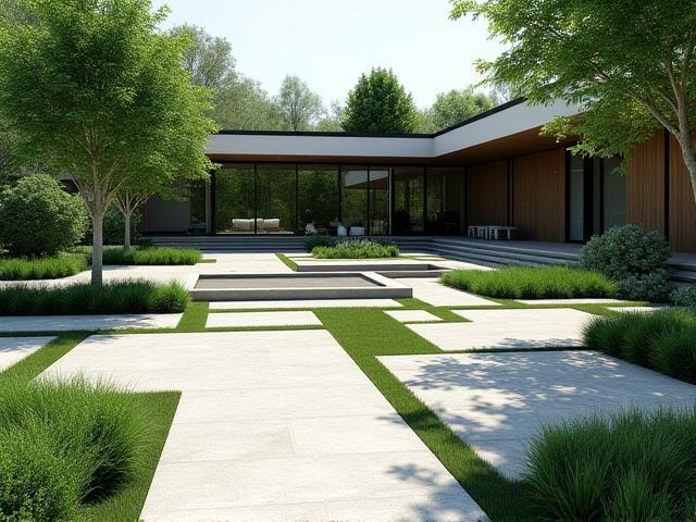 Rendering 3D di un giardino moderno con aree verdi, vialetti in pietra e punti d'acqua, illustrando il design di giardini su misura.