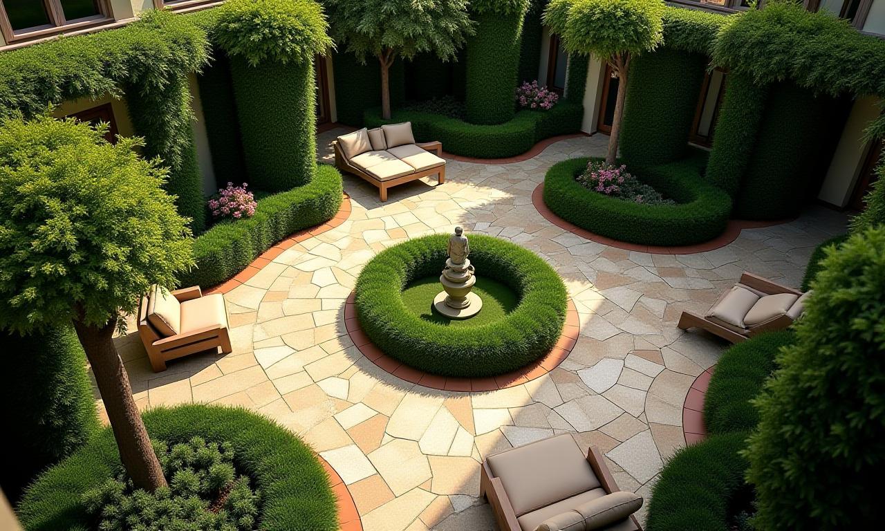 Panoramica di un lussureggiante giardino ben curato con percorsi e aree relax, simbolo della qualità dei servizi di Verde Progetto Italia.