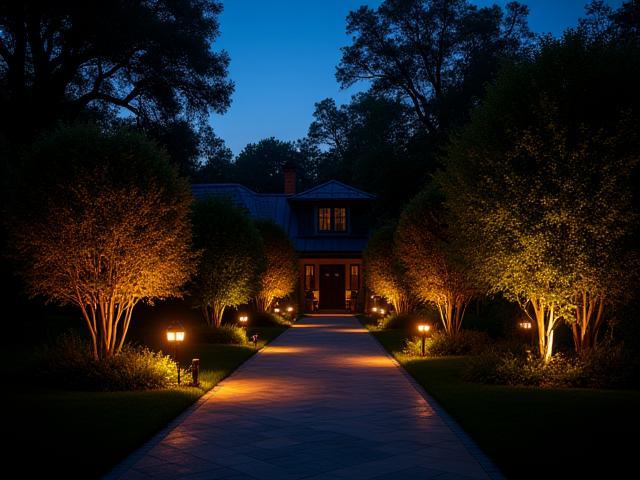 Un percorso serale in un giardino illuminato da luci calde e discrete che evidenziano alberi e arbusti, creando un'atmosfera accogliente e sicura.