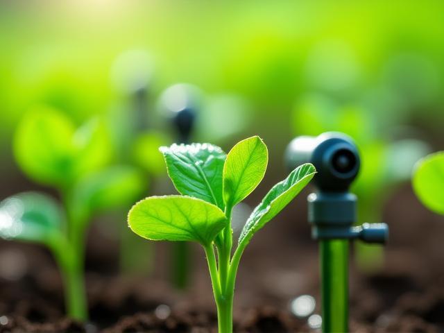 Un sistema di irrigazione a goccia automatizzato che fornisce acqua direttamente alle radici delle piante in un giardino, enfatizzando l'efficienza idrica.