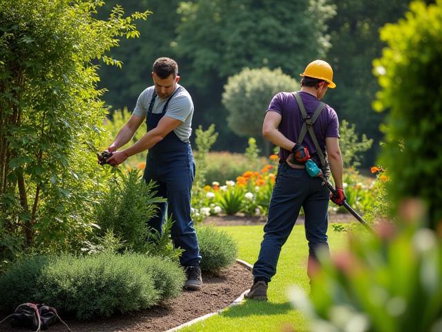 Un team di giardinieri professionisti che esegue potature e cura di un lussureggiante giardino, simboleggiando la manutenzione e il restauro esperti.