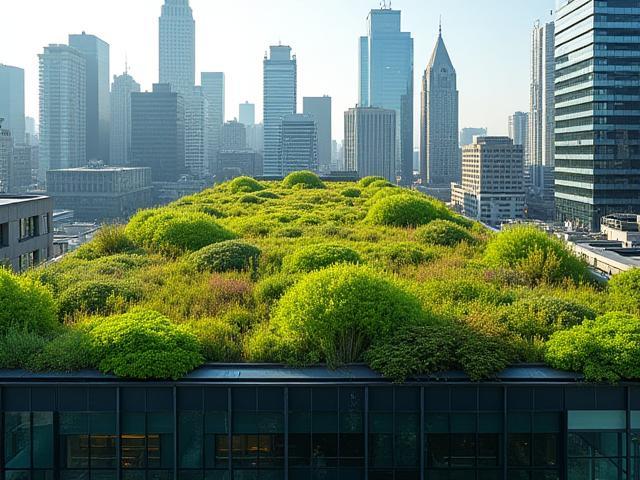 Un tetto verde rigoglioso su un edificio moderno nel centro di una città, illustrando un progetto di riqualificazione urbana e sostenibilità.