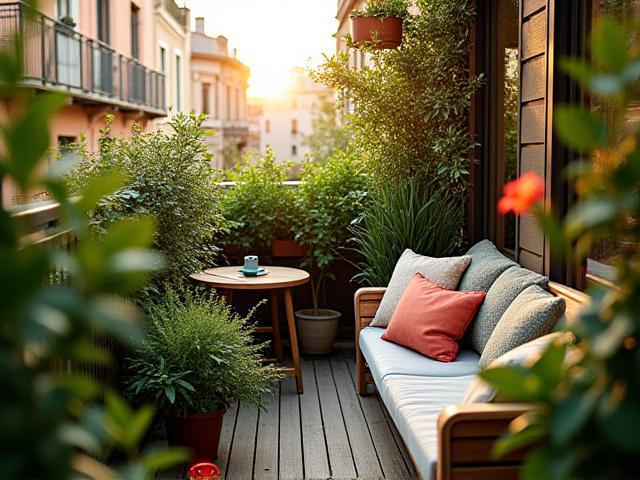 Un balcone cittadino trasformato in un piccolo giardino con piante in vaso, fioriere verticali e un accogliente angolo salotto, mostrando l'ottimizzazione degli spazi piccoli.